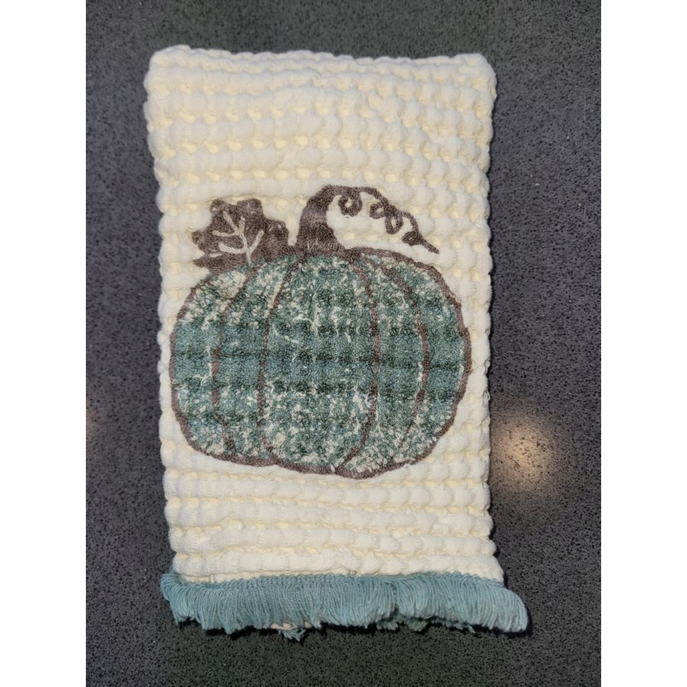 Nicole Miller Home Pumpkin Kitchen Towel Cream Teal Fringe 24x12